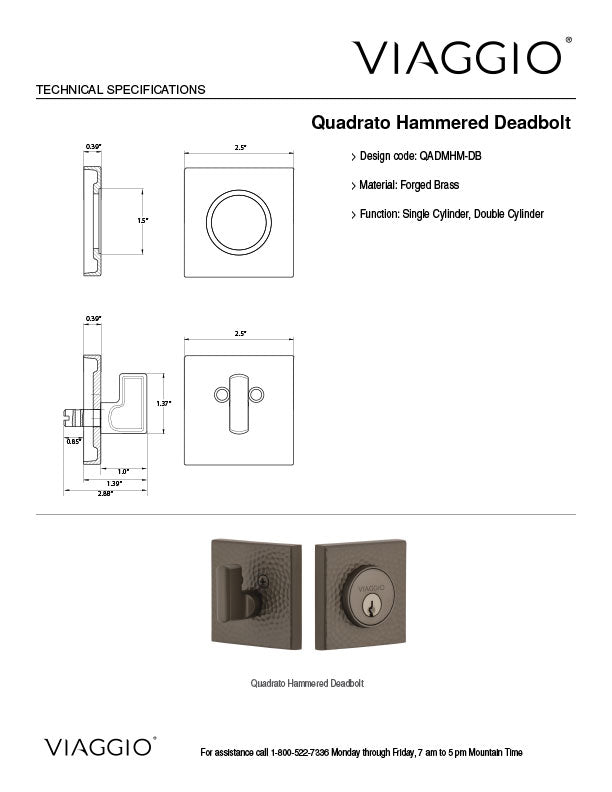 Quadrato Motivo Hammered Deadbolt Technical Specifications