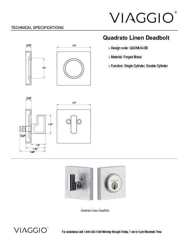 Quadrato Motivo Linen Deadbolt Technical Specifications