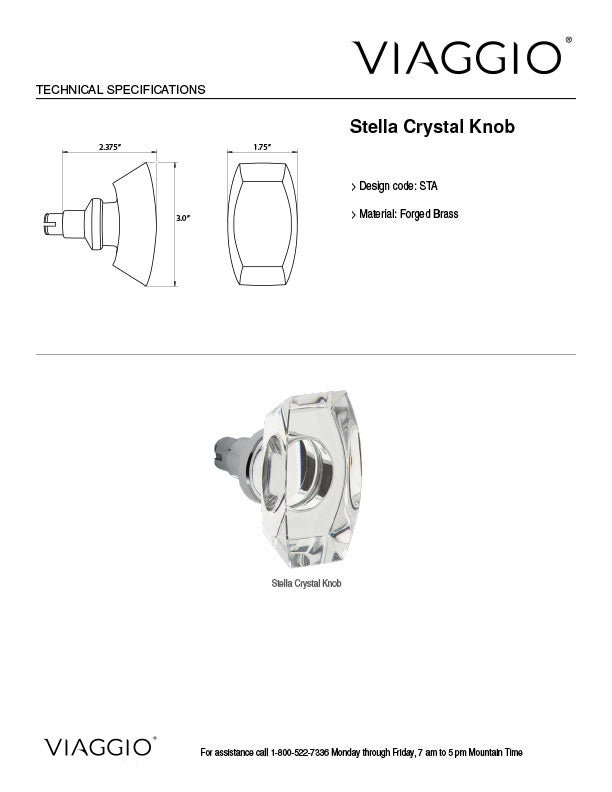 Stella Crystal Knob Technical Specifications