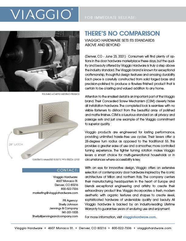 Viaggio Door Hardware Premium Craftsmanship Press Release