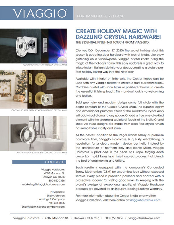 Viaggio Hardware Crystal Door Hardware Holiday Press Release