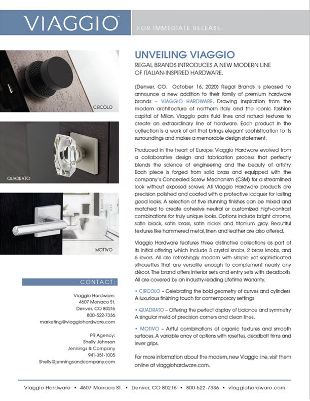 Viaggio Contemporary Hardware Brand Introduction Press Release