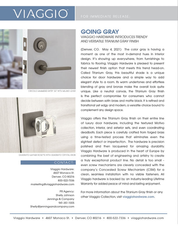 Viaggio Hardware Introduces Titanium Gray Finish Press Release