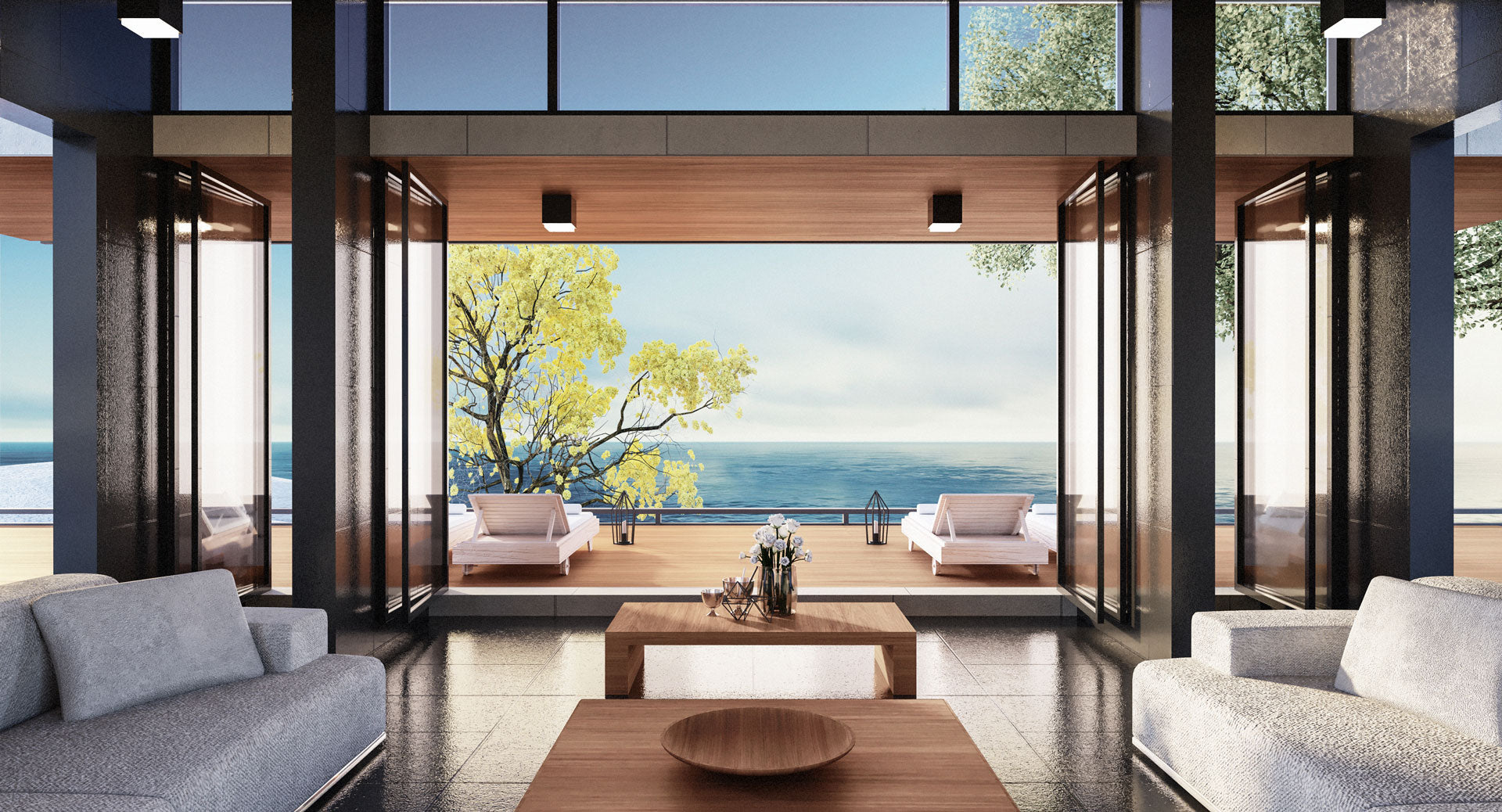 modern home with beautiful view glass windows