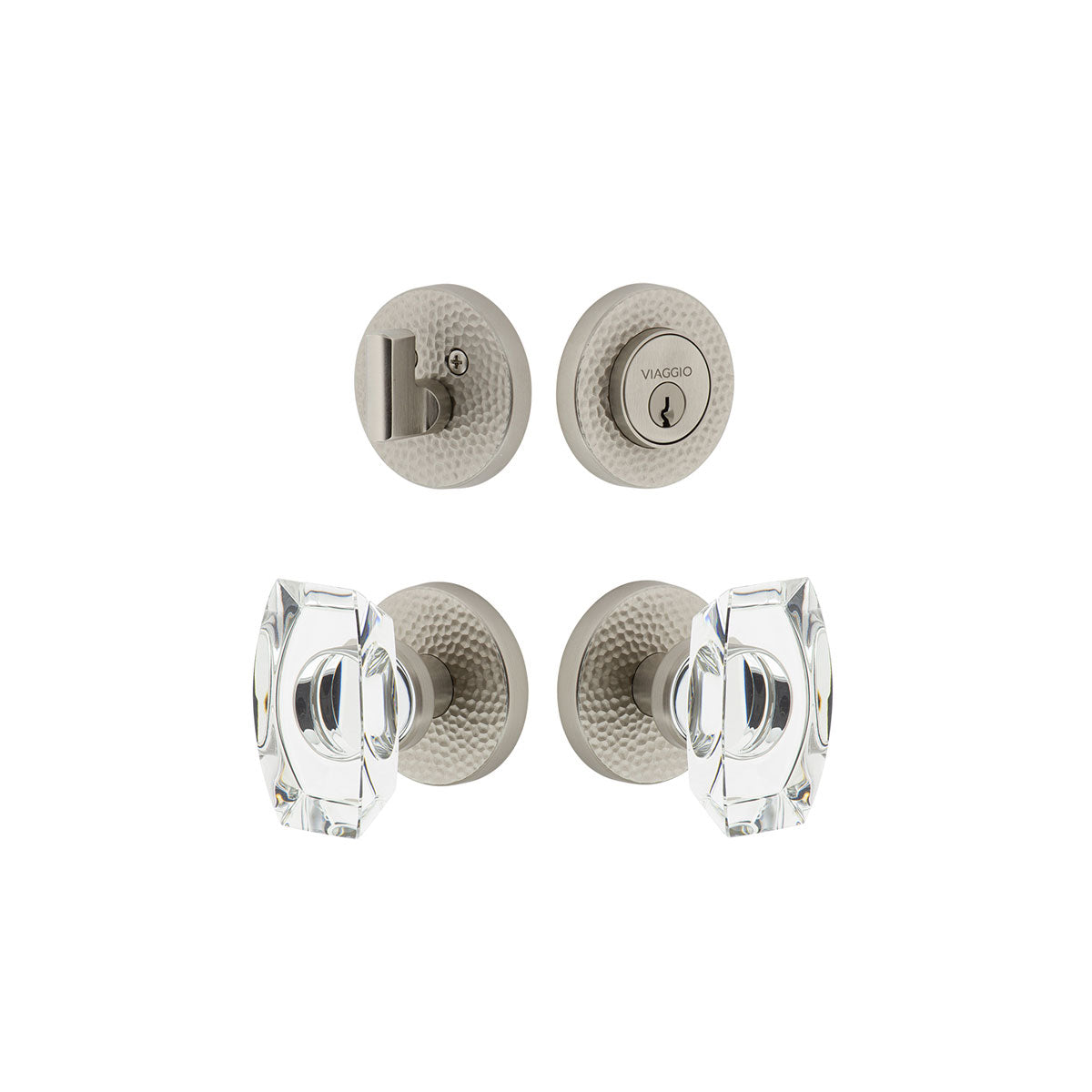 Circolo Hammered Rosette Entry Set with Stella Knob in Satin Nickel
