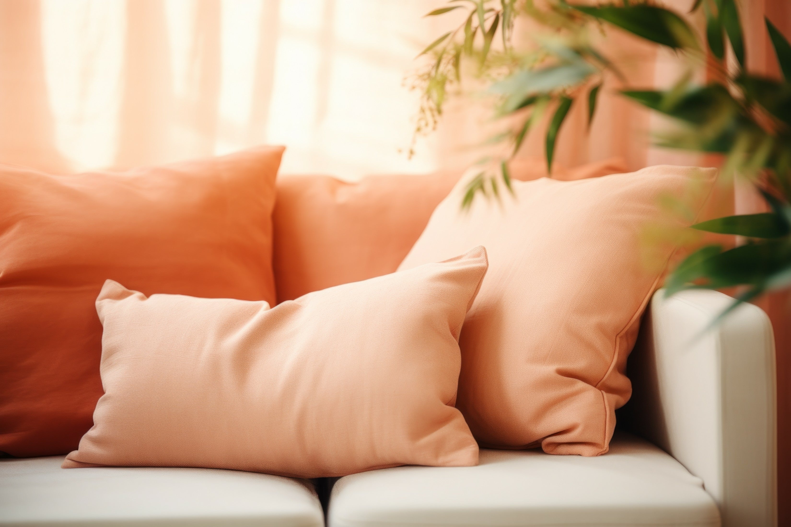 Pillow in trendy color Peach Fuzz on a cream sofa