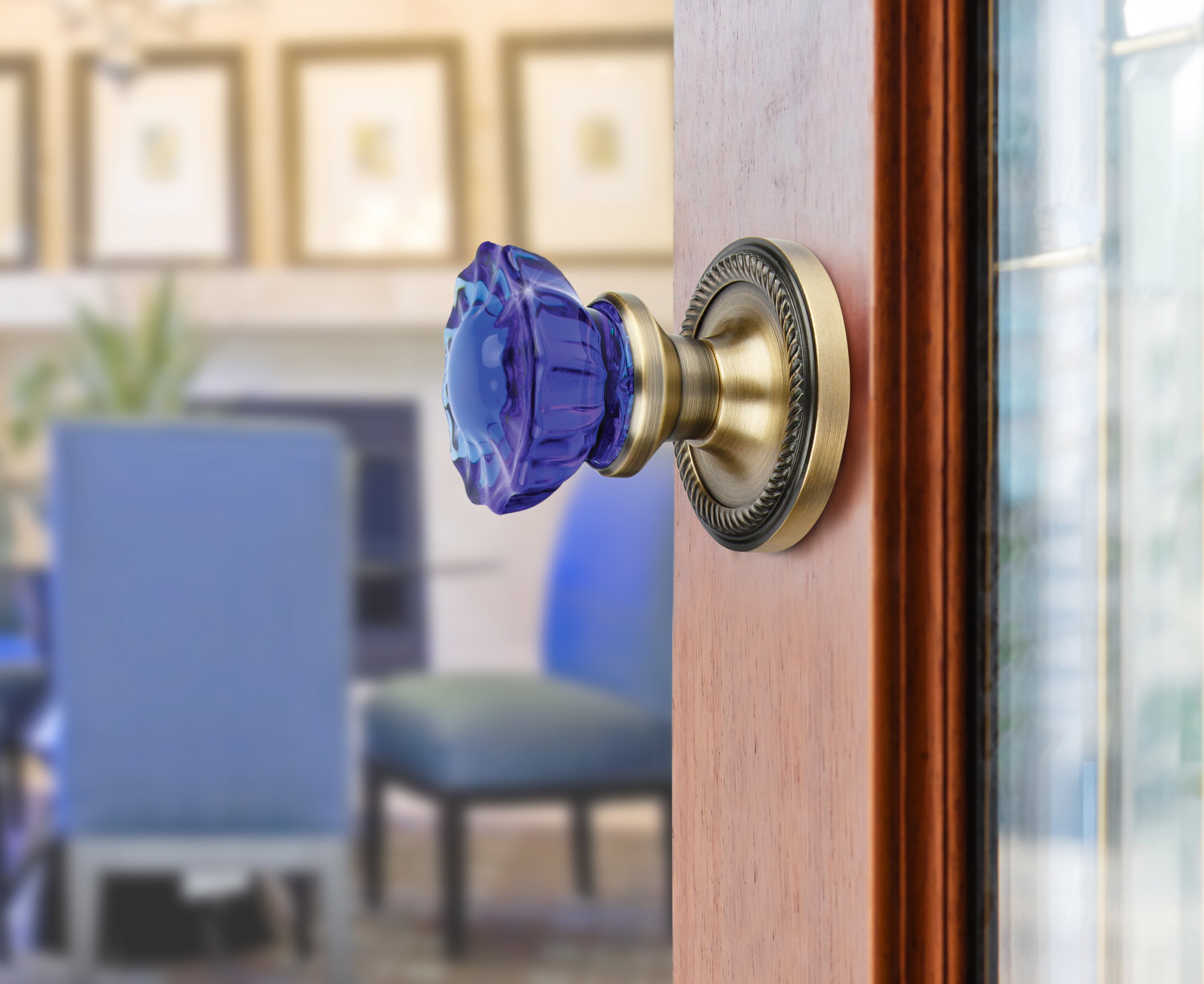 A dark wood and glass pannel door openning up into a living room with a Nostalgic Warehouse Rope Rosette with Cobalt Crystal Knob in Antique Brass door knob.