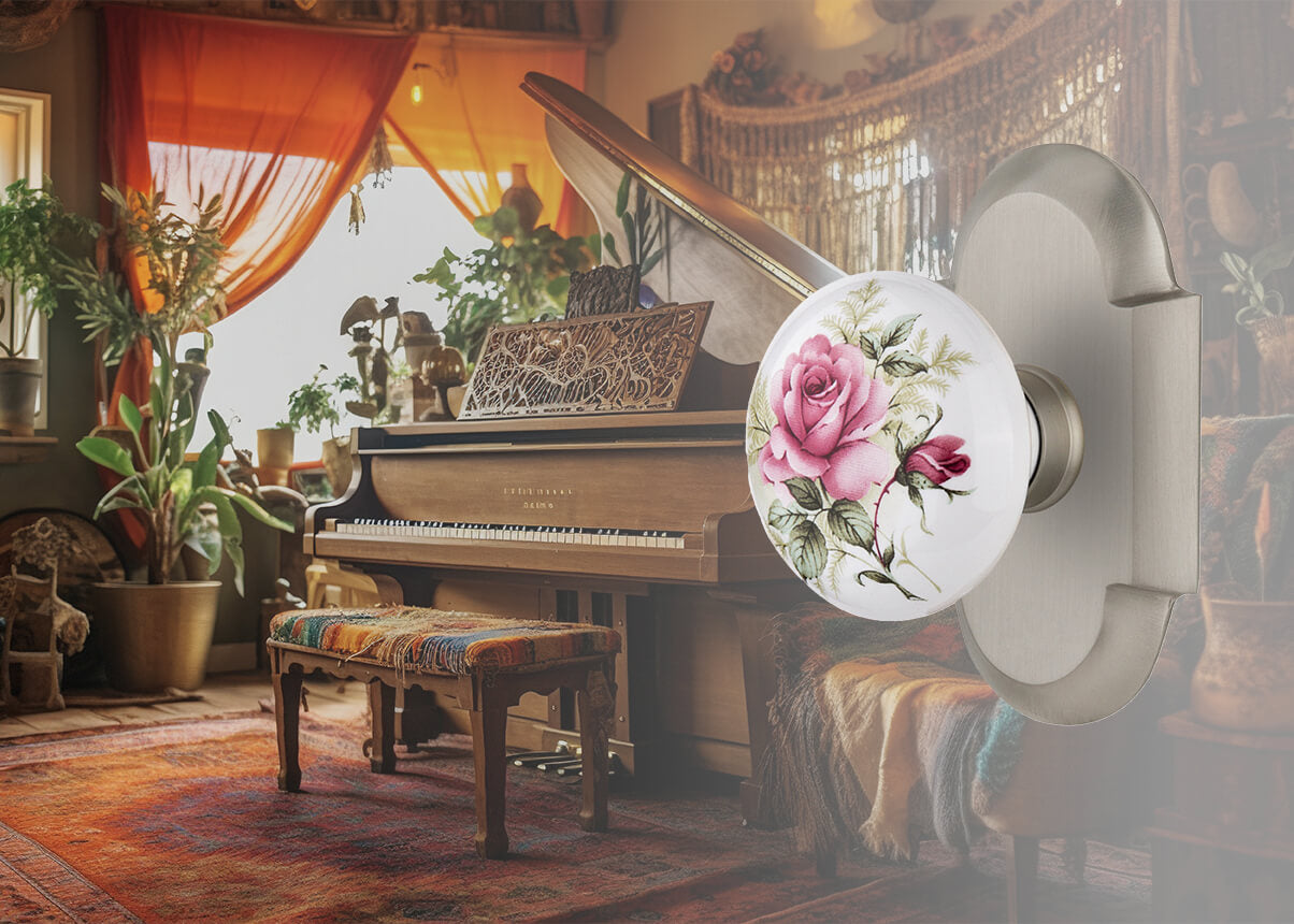 A warm eccentric living room with a piano with a Nostalgic Warehouse Cottage Short Plate with White Rose Porcelain Knob in Satin Nickel laid over the top of the image on the right.