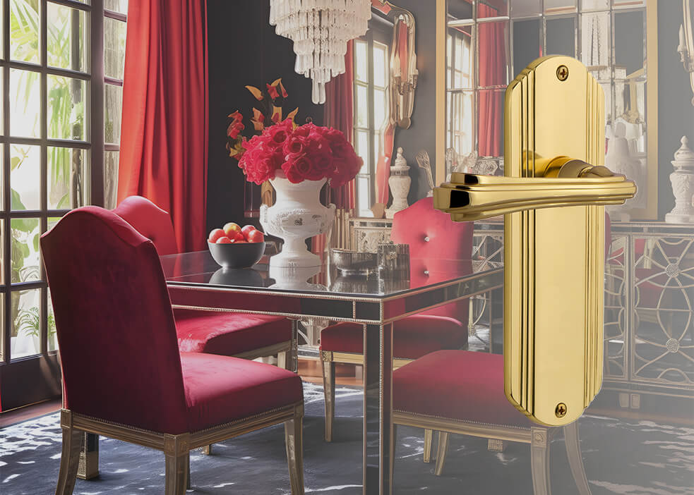 Pink and gold dining room with a Deco Long Plate with Fleur Lever in Unlacquered Brass laid over the top of the image on the right.