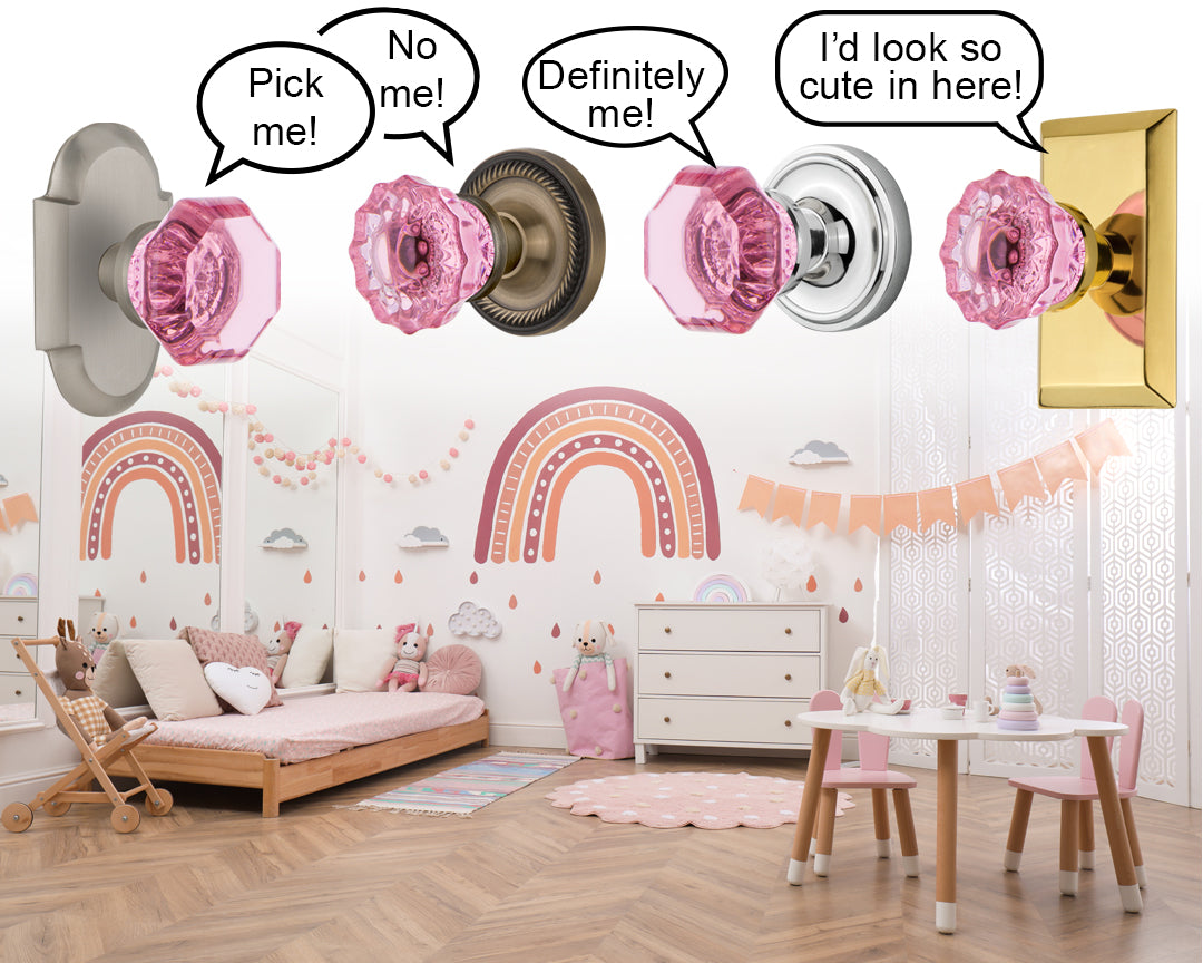 Child's bedroom with accents of pink. Four different rostettes, short plates and different pink crystal knobs are floating above the image with talking bubbles arguing which of the knobs would look better in the room.