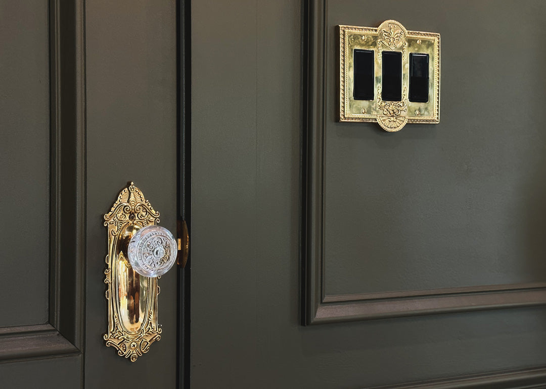 mae lutz go home bedroom moody victorian brass door hardware nostalgic vintage dark green luxury crystal