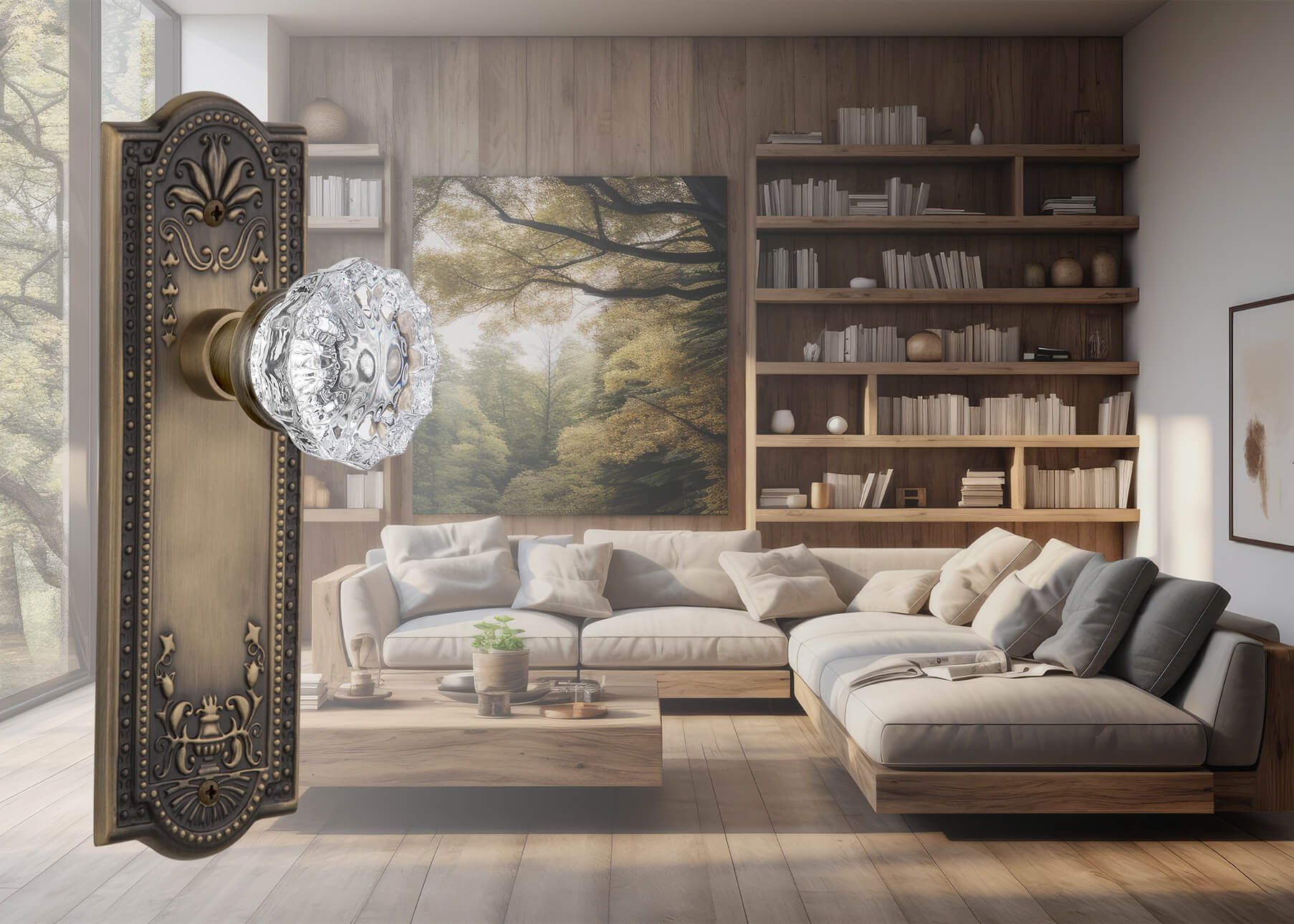 Neutral styled bedroom with a Nostalgic Warehouse New York Long Plate and Knob in Antique Brass laid over the top of the image on the left.