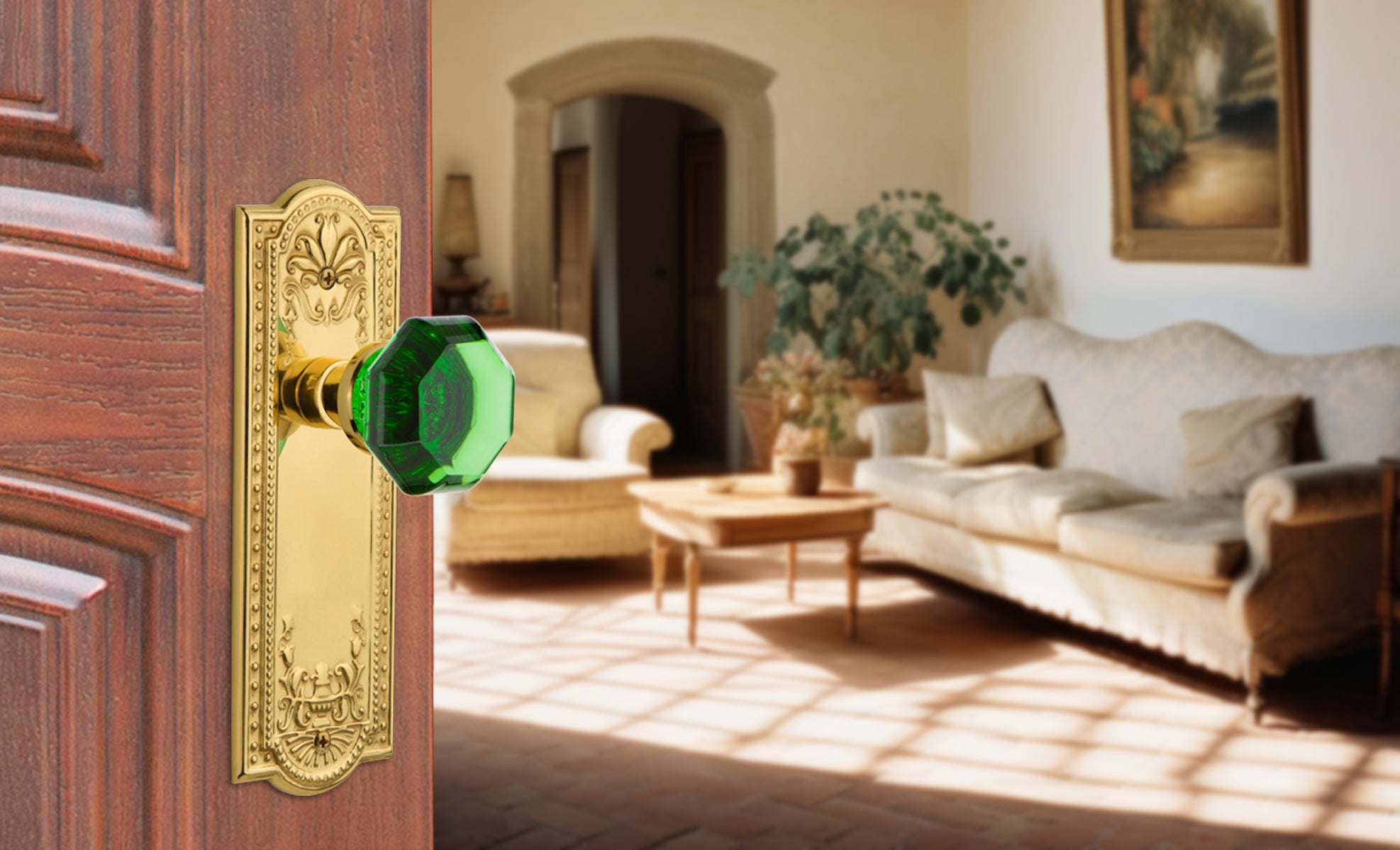 Darker hardwood door with a Nostalgic Warehouse Meadows Long Plate with Emerald Waldorf Knob in Polished Brass on it, opening into a nice living room.