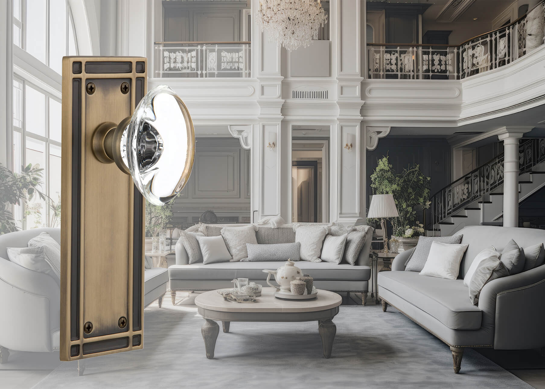 A sophisticated neutral colored living room with high ceilings with a Nostalgic Warehouse Mission Long Plate with Oval Clear Crystal Knob in Antique Brass laid over the top of the image on the left.