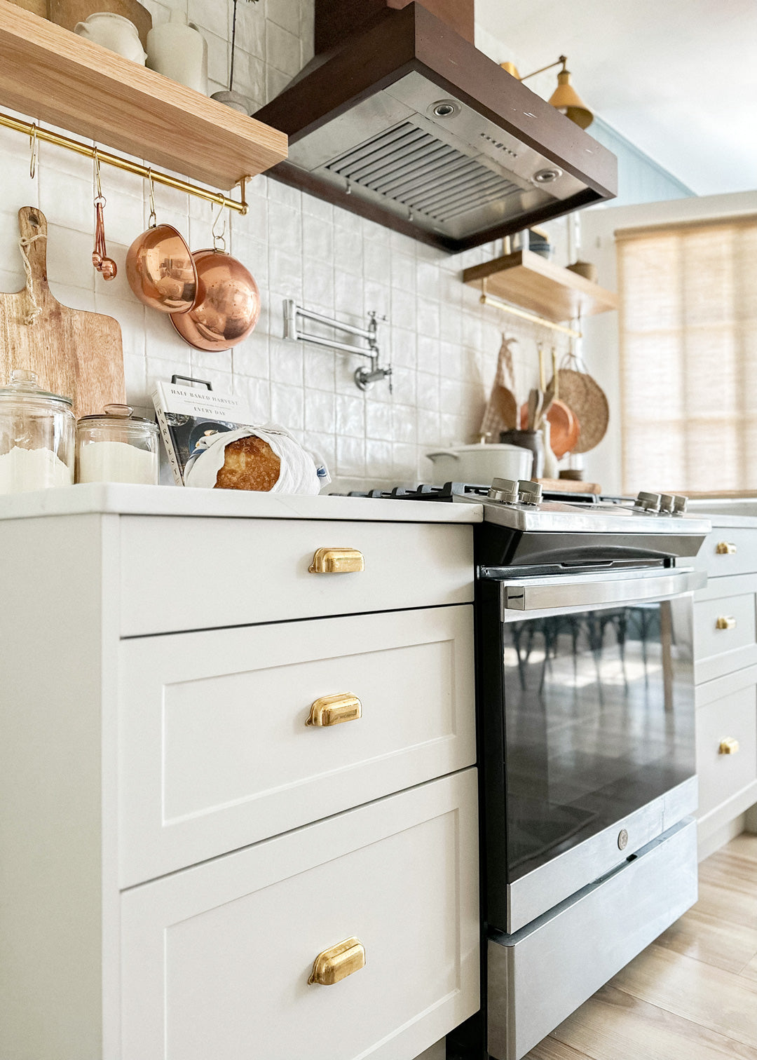 michelle milowe white kitchen cabinets unlacquered brass cabinet hardware nostalgic warehouse