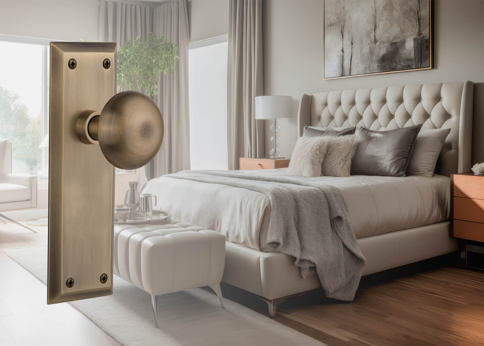 Neutral styled bedroom with a Nostalgic Warehouse New York Long Plate and Knob in Antique Brass laid over the top of the image on the left.