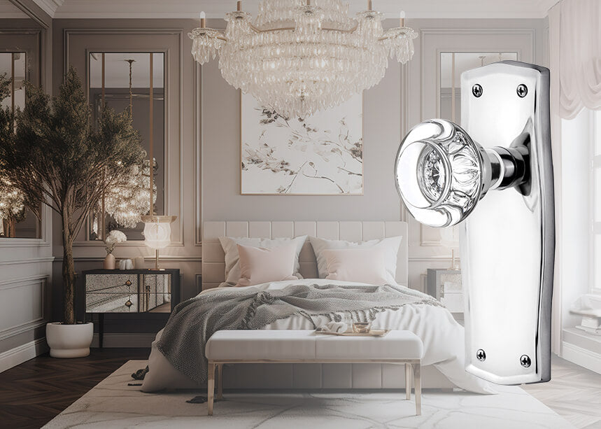 A neutral colored elegant bedroom with a Nostalgic Warehouse Prairie Long Plate with Round Clear Crystal Knobs in Bright Chrome laid over the top of the image on the right.