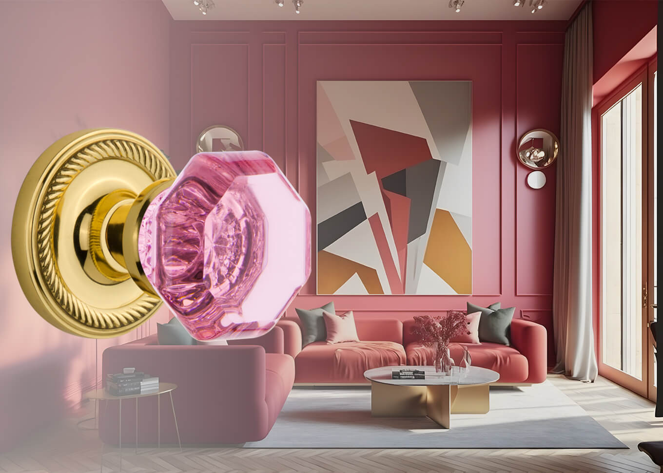 Pink styled living room with a Nostalgic Pink Waldorf Crystal laid over the top of the image on the left.