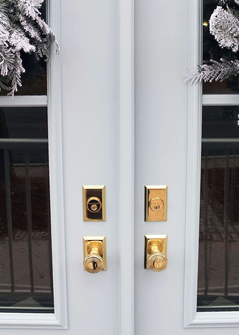 blue front door french doors storefront store with Nostalgic brass Door Hardware