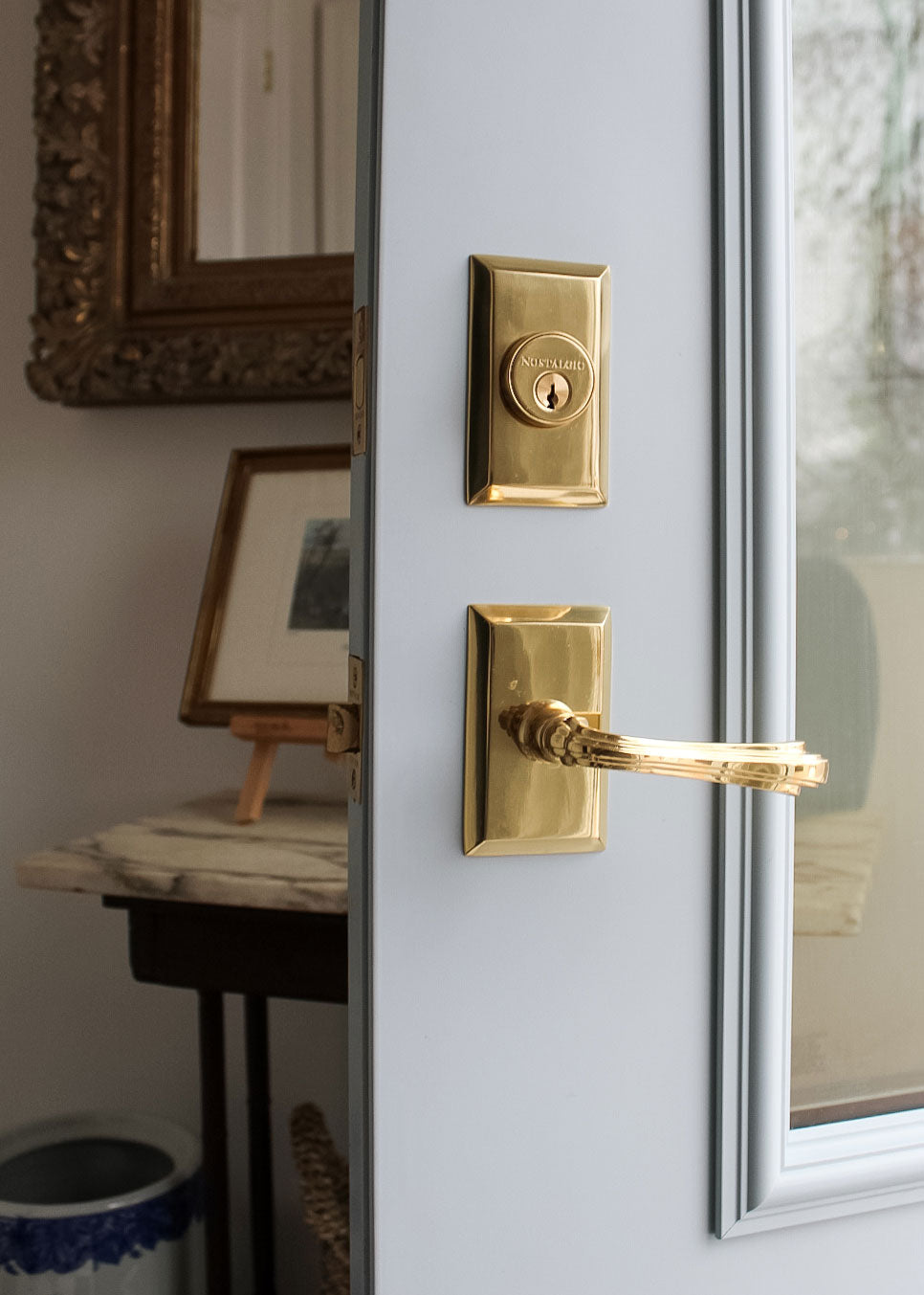 blue front door french doors storefront store with Nostalgic brass Door Hardware