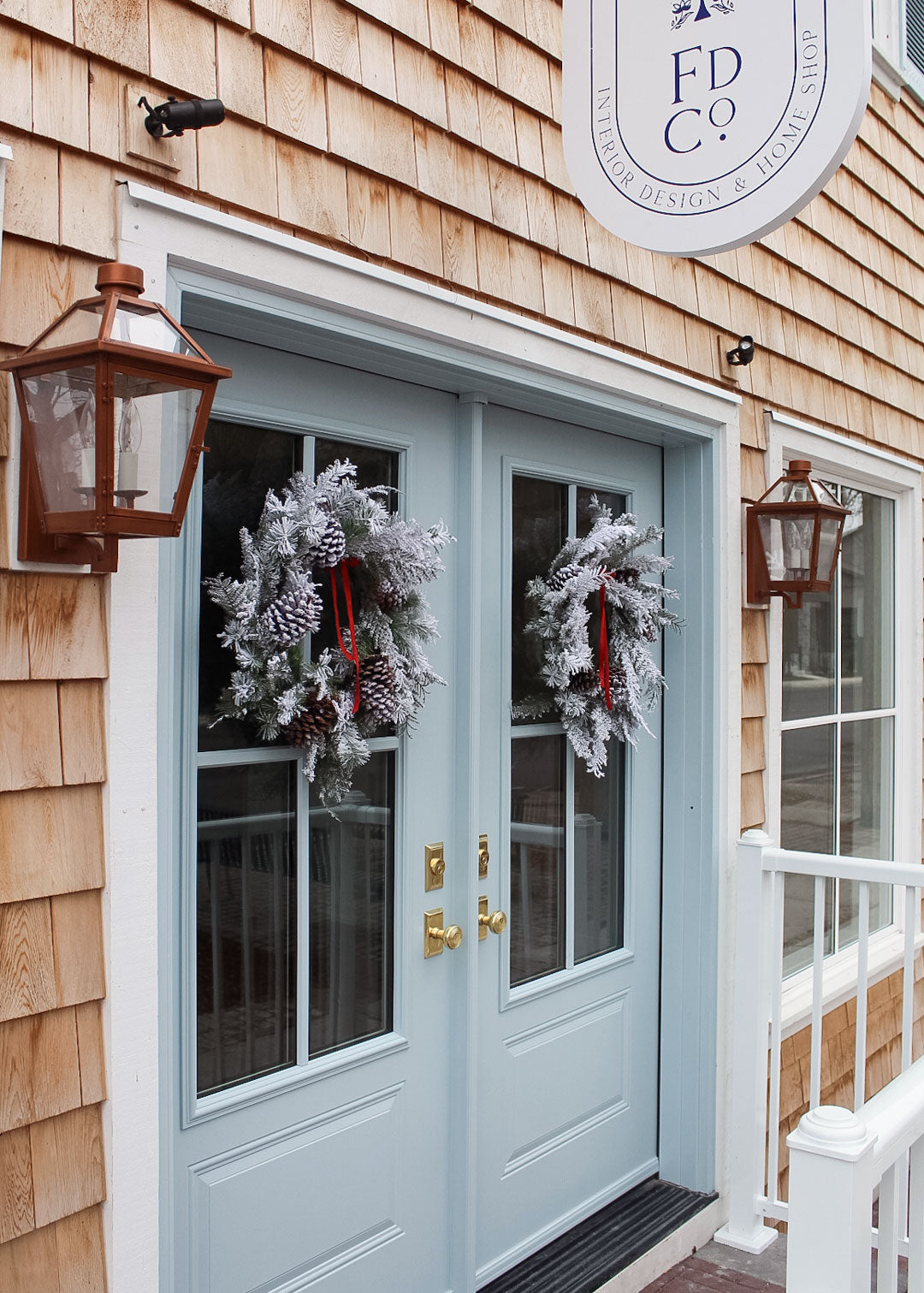 blue front door french doors storefront store with Nostalgic brass Door Hardware