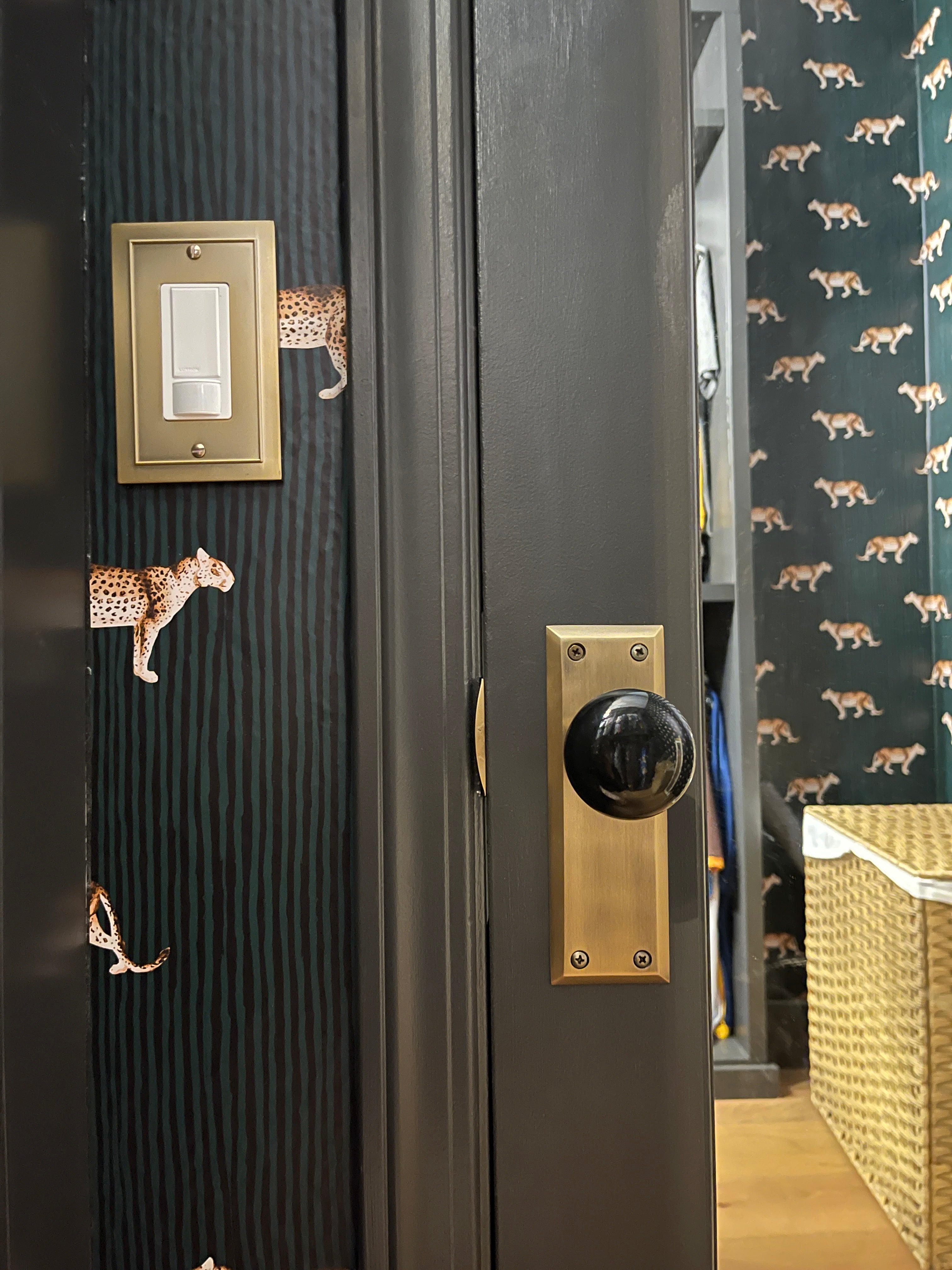 Closed mirrored door with walls that have wallpaper on them. The wall paper is green and black vertical stripes with cheetahs scattered on it.