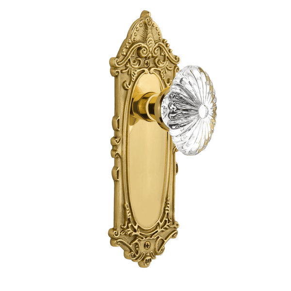 Victorian Long Plate with Oval Fluted Crystal Knob in Polished Brass