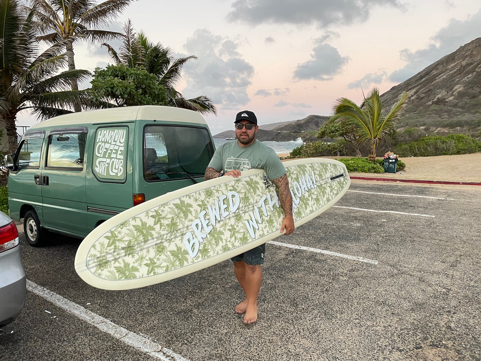 Taking the surfboard out with the Sue Brew van