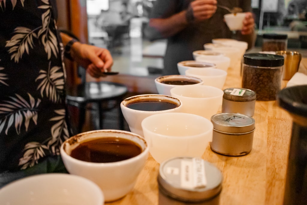Coffee being prepared for coffee cupping