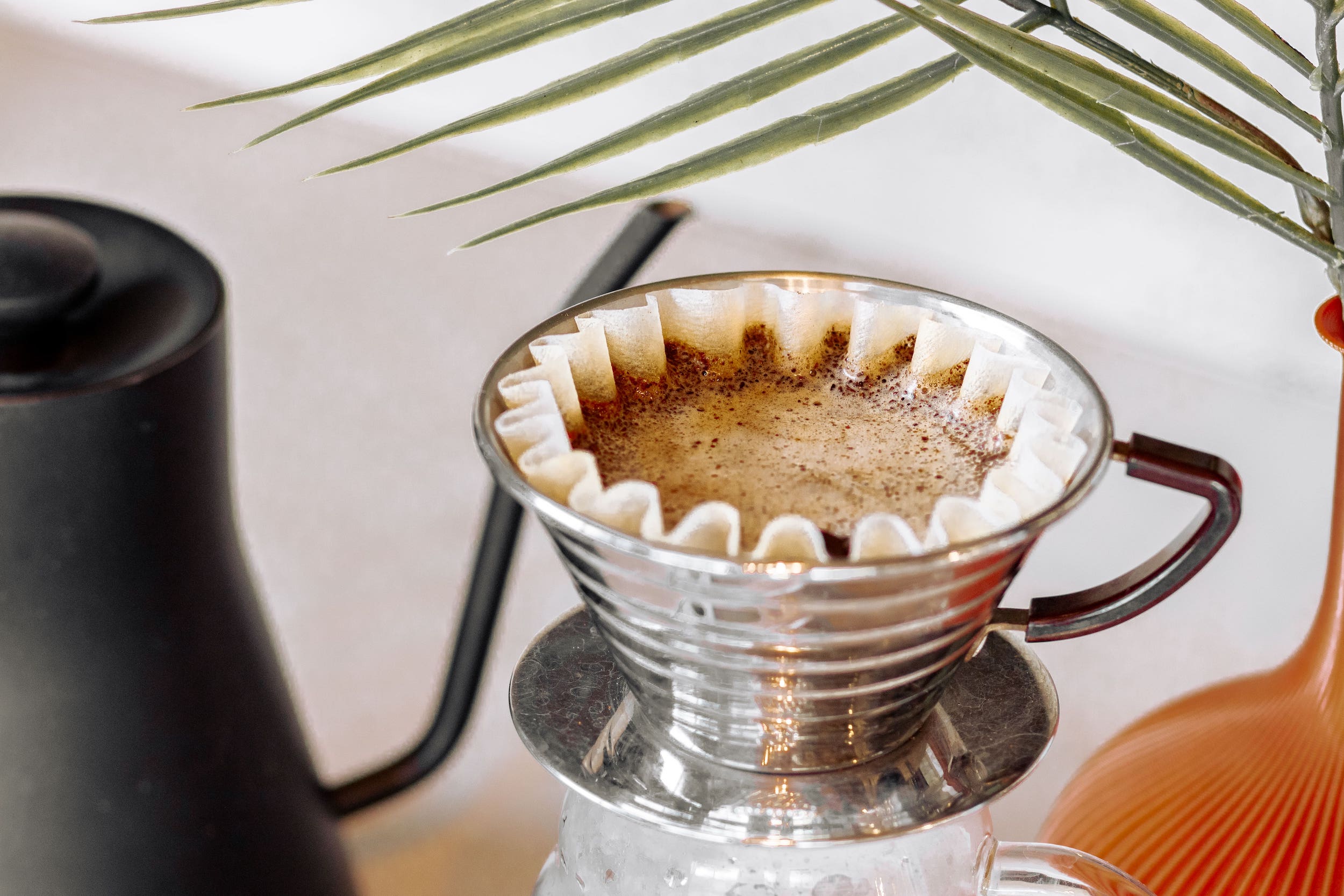 Blooming coffee in a Kalita brewer