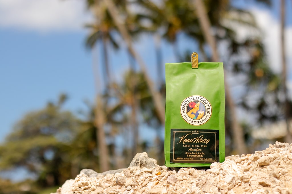 A bag of our Kona Honey coffee beans.