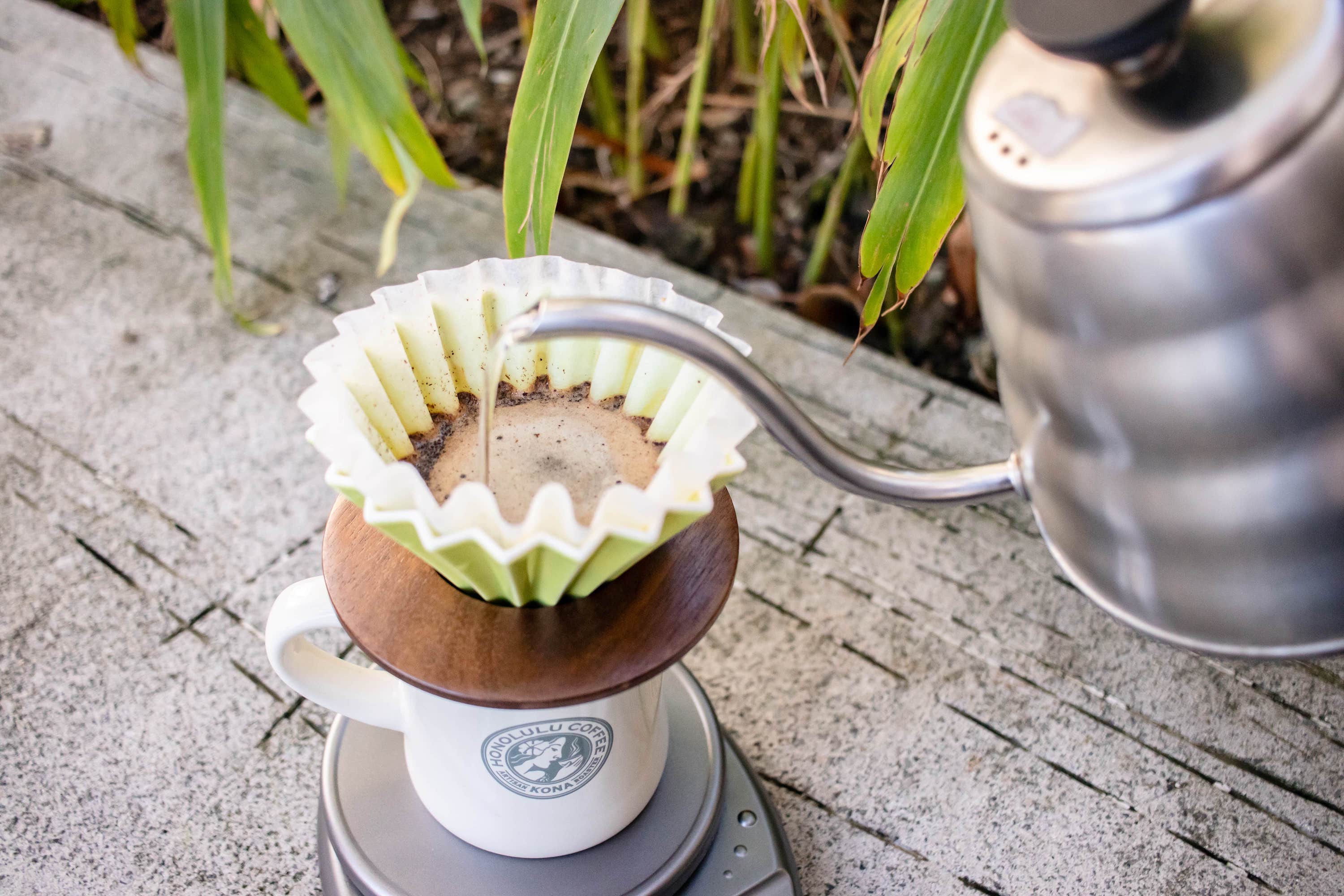 Adding hot water into the ground coffee beans in the Origami Dripper.