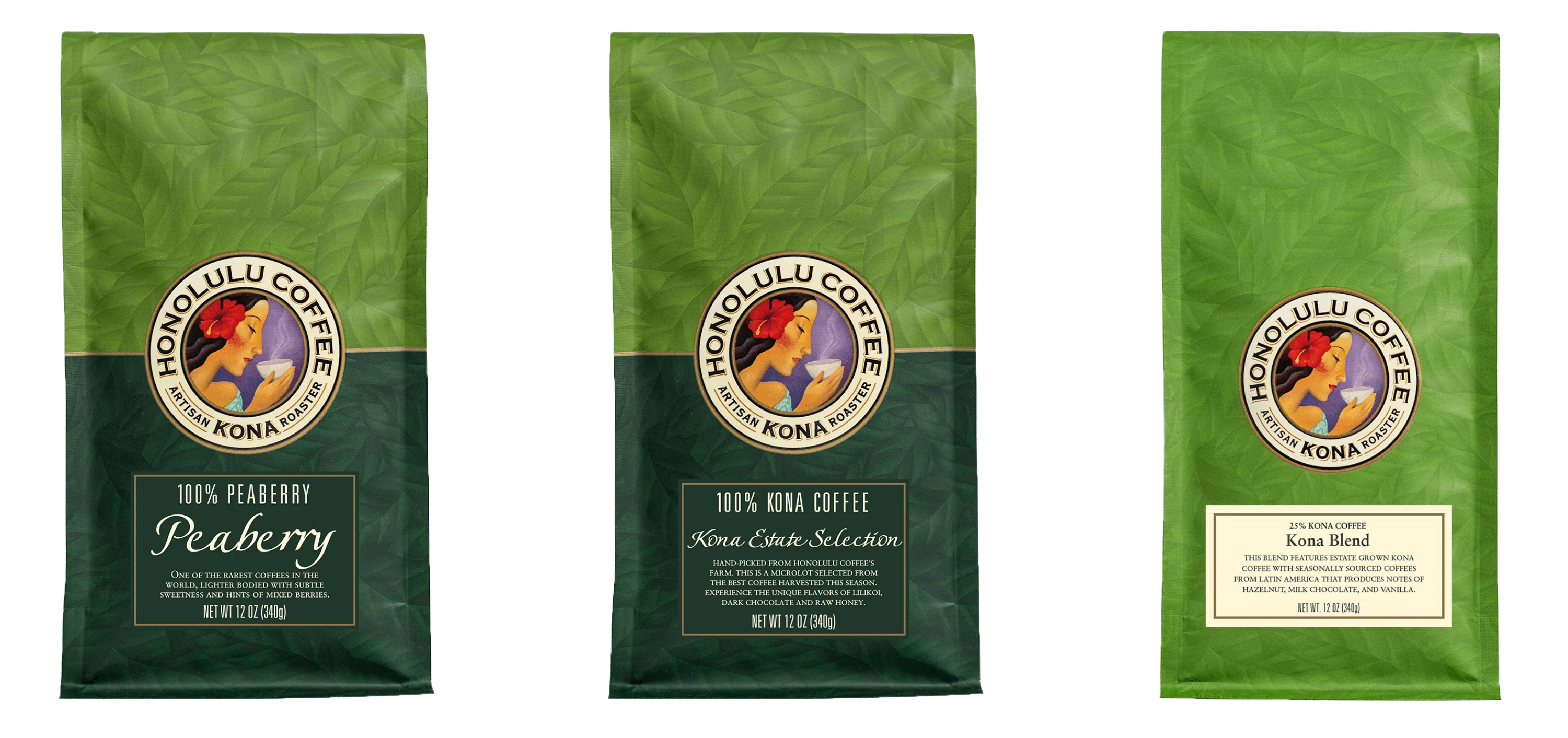 A line of Kona coffees: Peaberry, Kona Estate, and Kona Blend