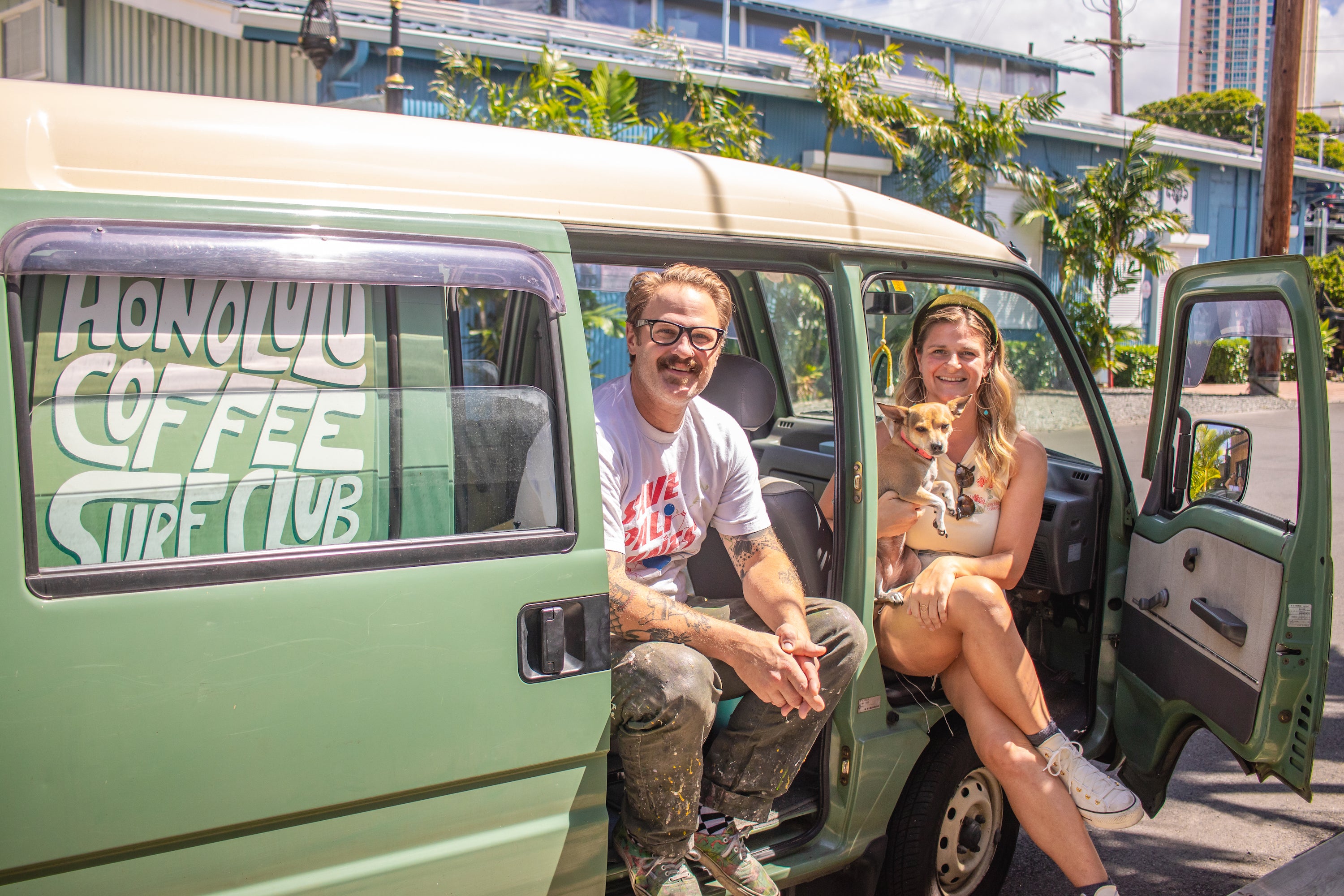 Brent Clem (of B. Clem Surfboards), Abigail Joslyn (Honolulu Coffee's COO), and Maggie Mae cruising in the Sue Brew