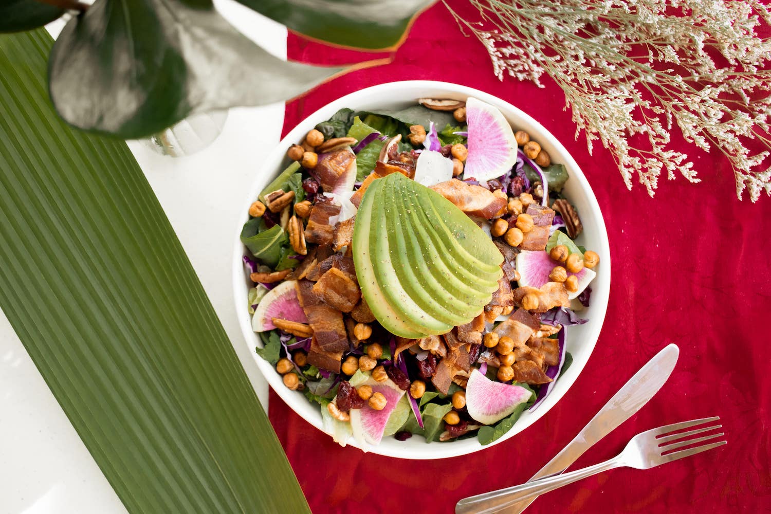 Honolulu Coffee seasonal menu item: Winter Salad with bacon, chickpeas, dried cranberries, pecans, avocado, and more