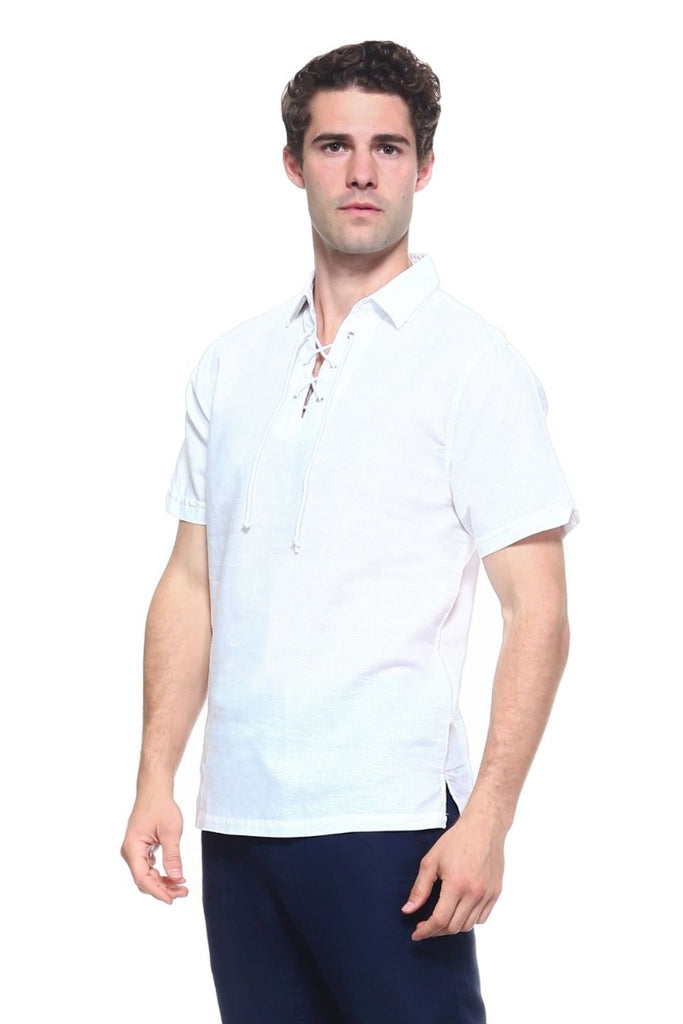 Men's Beach Resort Wear Linen Shirt Short Sleeve Lace Up Collar ...