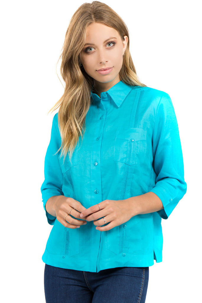 Women's Traditional Guayabera Shirt Premium 100% Linen 3/4 Sleeves XS ...