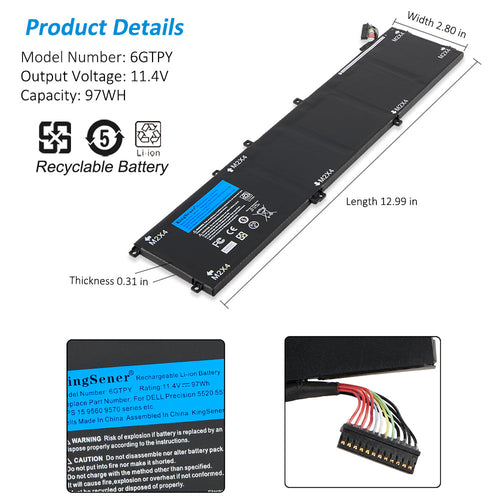 Dell 6GTPY 97Wh Laptop Battery, Battery Type: Lithium-Ion, Battery
