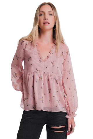 pink ruffle neck blouse