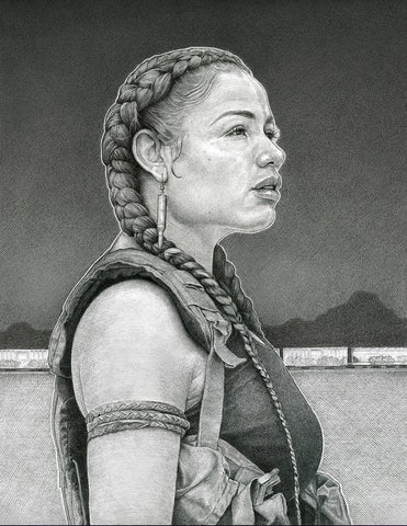 Graphite Drawing by Leigh Brooklyn titled, New Beginnings. The piece is about the story of Tyra Patterson