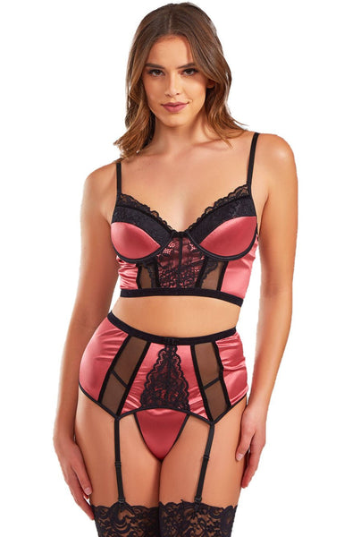 coral pink and black longline bra set