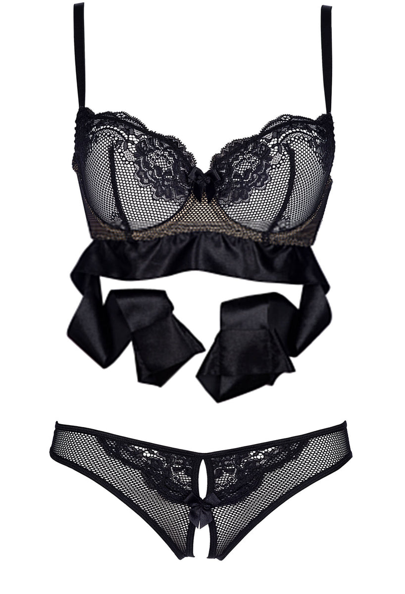 Lace And Satin Tie Me Up Bra Open Crotch Panty Set Lingerie Seduction 