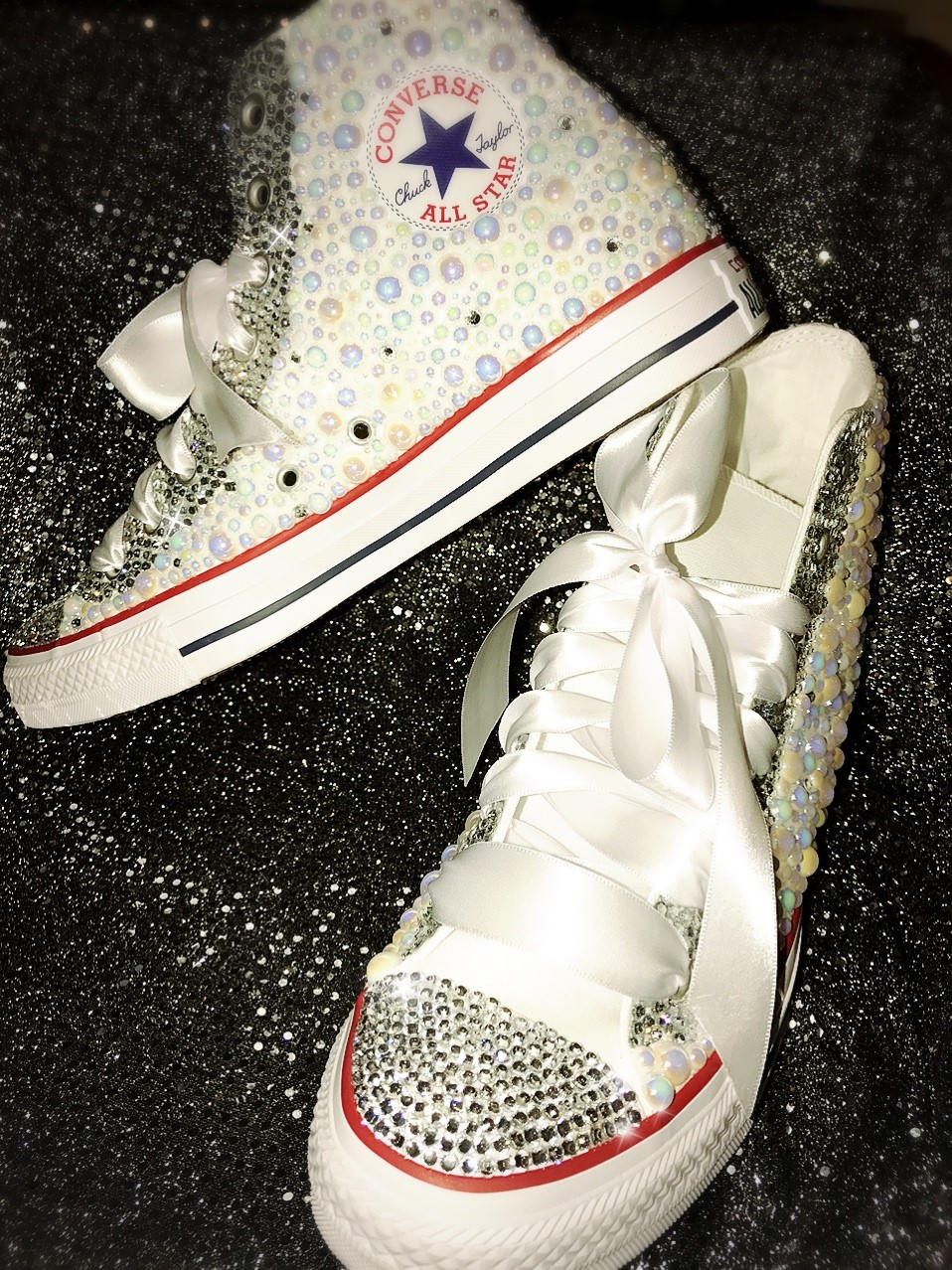 Pearl embellished custom Converse Chuck Taylor high tops tennis shoes