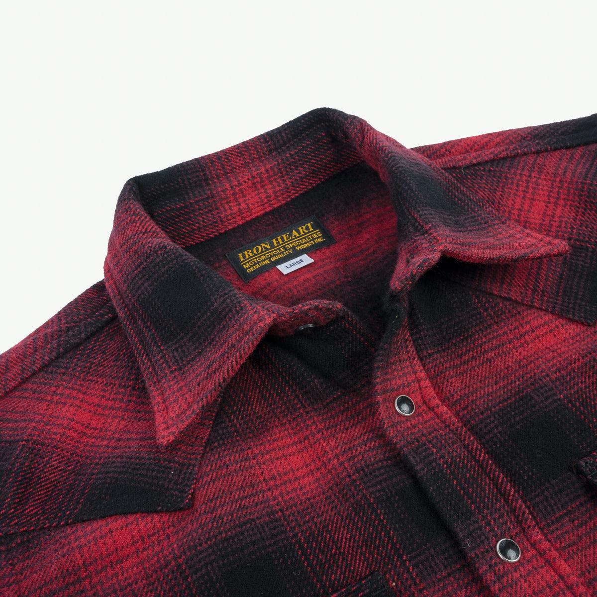 IHSH-264-RED - Ultra Heavy Flannel Ombré Check Western Shirt - Red/Black