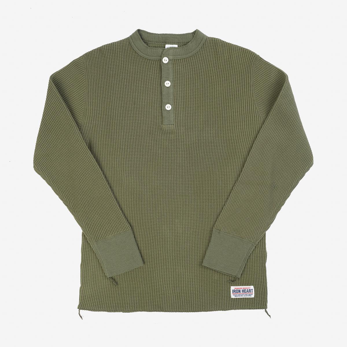 IHTL-1213-OLV - Waffle Knit Long Sleeved Thermal Henley Olive