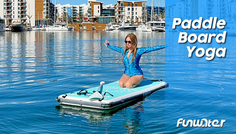 There is a woman trying the paddle board yoga on water with Funwater SUP products