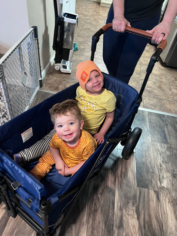  two happy boys in the new WonderFold wagon