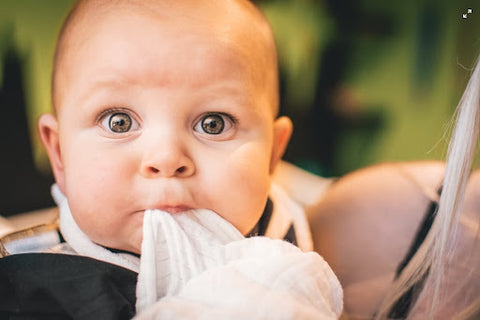 A close-up of a baby chewing on a gauze