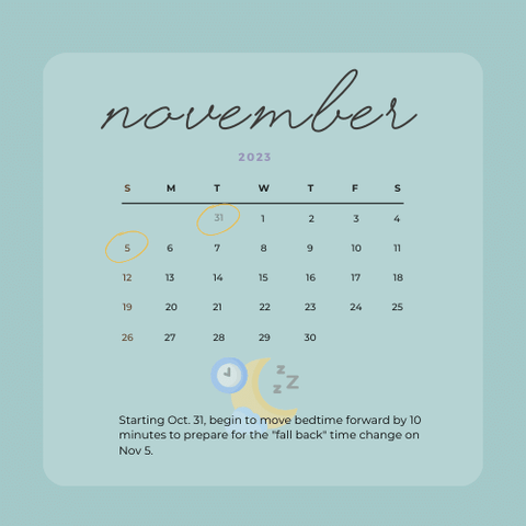 November 2023 calendar outlining key dates for the time change to DST: October 31 and November 5