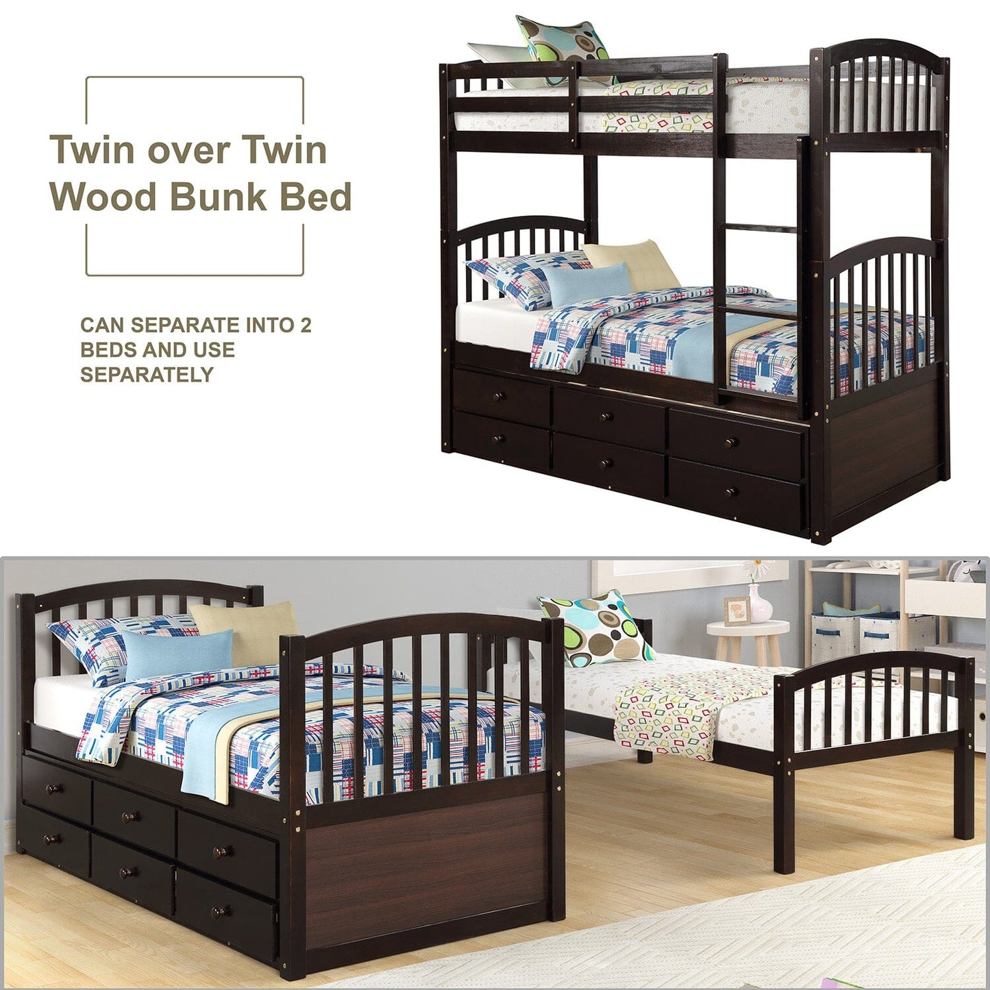 Twin Bunk Bed with Ladder, Safety Rail, Twin Trundle Bed with 3 Drawers for Kids, Teens Bedroom, Guest Room Furniture(Espresso)